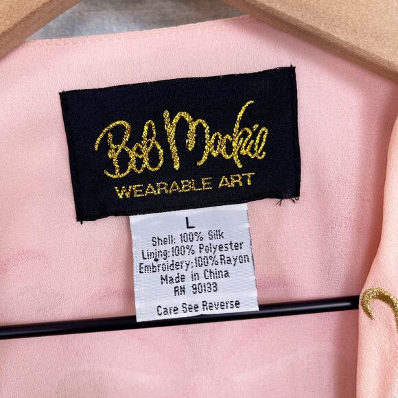 Bob Mackie Silk Floral Embroidered Crepe Blouse Pink Wearable Art Womens Large - Picture 6 of 6